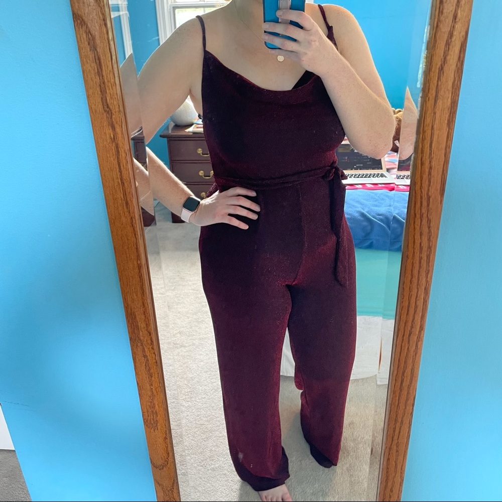 Fashion Nova Red Black Metallic Jumpsuit Drape Neck Date Romantic Winter Holiday